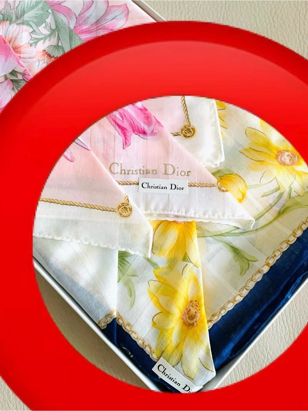 Christian Dior Vintage 19” Floral Handkerchief NWT Yellow Gold CD Japan Unused